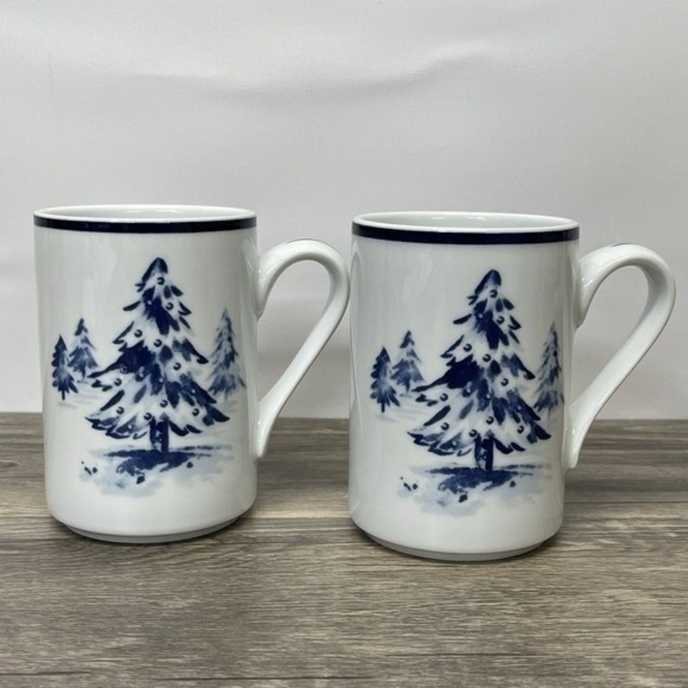 Dansk Bistro Blue White Christmas Tree Mugs Set of 2 Portugal Microwave Safe